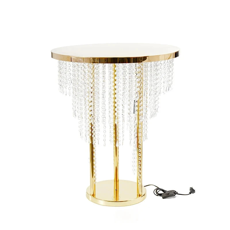 Rideau de perles de cristal, Table à gâteau, décoration de mariage, Table en métal avec éclairage, Table à gâteau en cristal de mariage