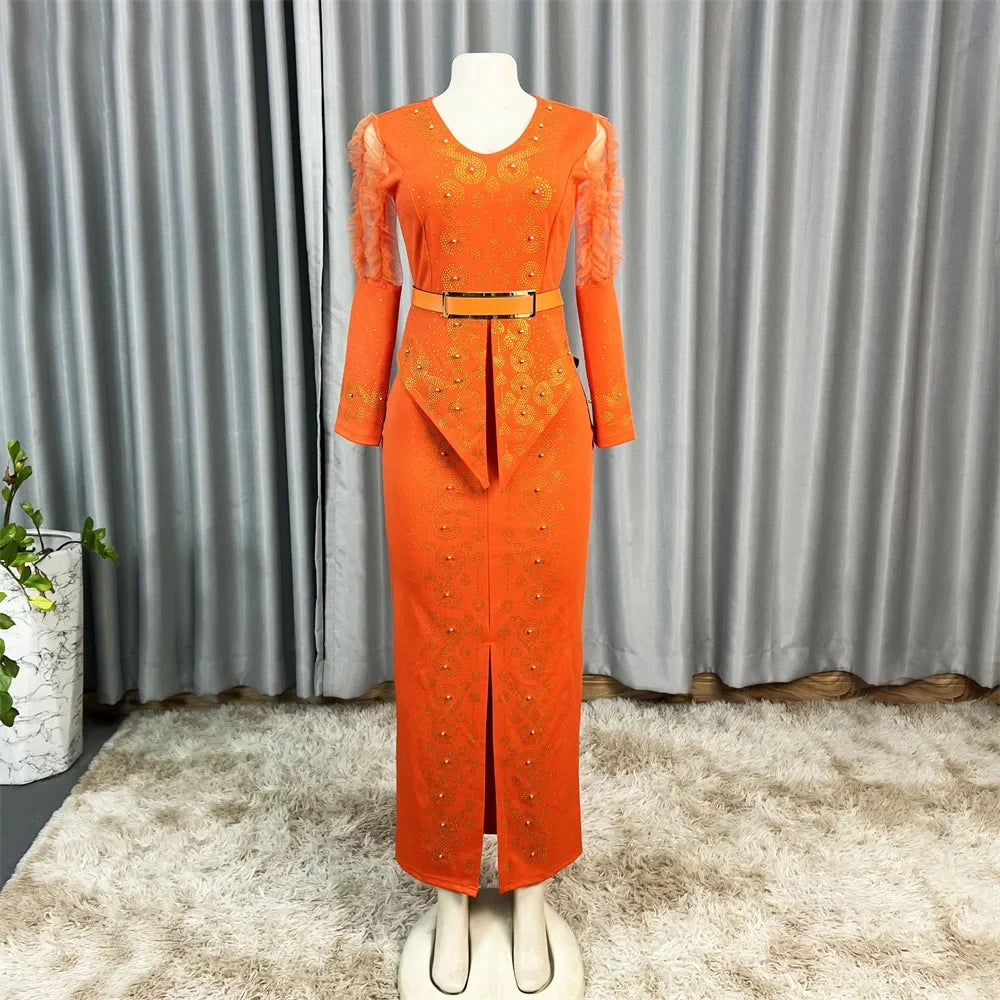 Robe longue africaine à col en v, ornée de strass, manches en maille à bulles, ajustée à la taille, fente latérale, offre spéciale