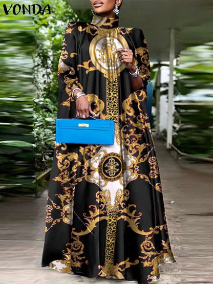 VONDA-Robe longue de soirée à manches chauve-souris, grande taille, col montant, imprimé bohème, 2023