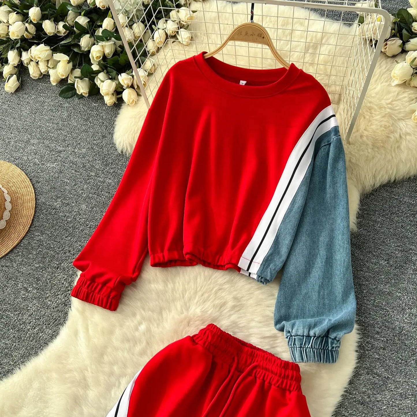Ensemble pantalon deux pièces pour femmes, col rond, assorti, sweat-shirt, hauts, jambes larges, pantalons longs, décontracté, ample, taille élastique, Denim