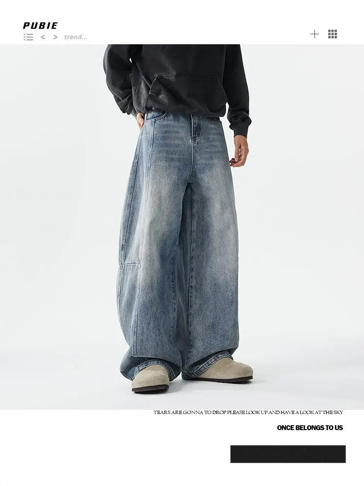 Jeans baggy à jambes larges pour hommes, Jeans Boyfriend, High Street, Hip Hop, Bleu, Blanc, Denim Harem, Pantalon décontracté