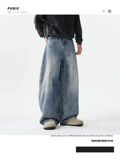 Jeans baggy à jambes larges pour hommes, Jeans Boyfriend, High Street, Hip Hop, Bleu, Blanc, Denim Harem, Pantalon décontracté