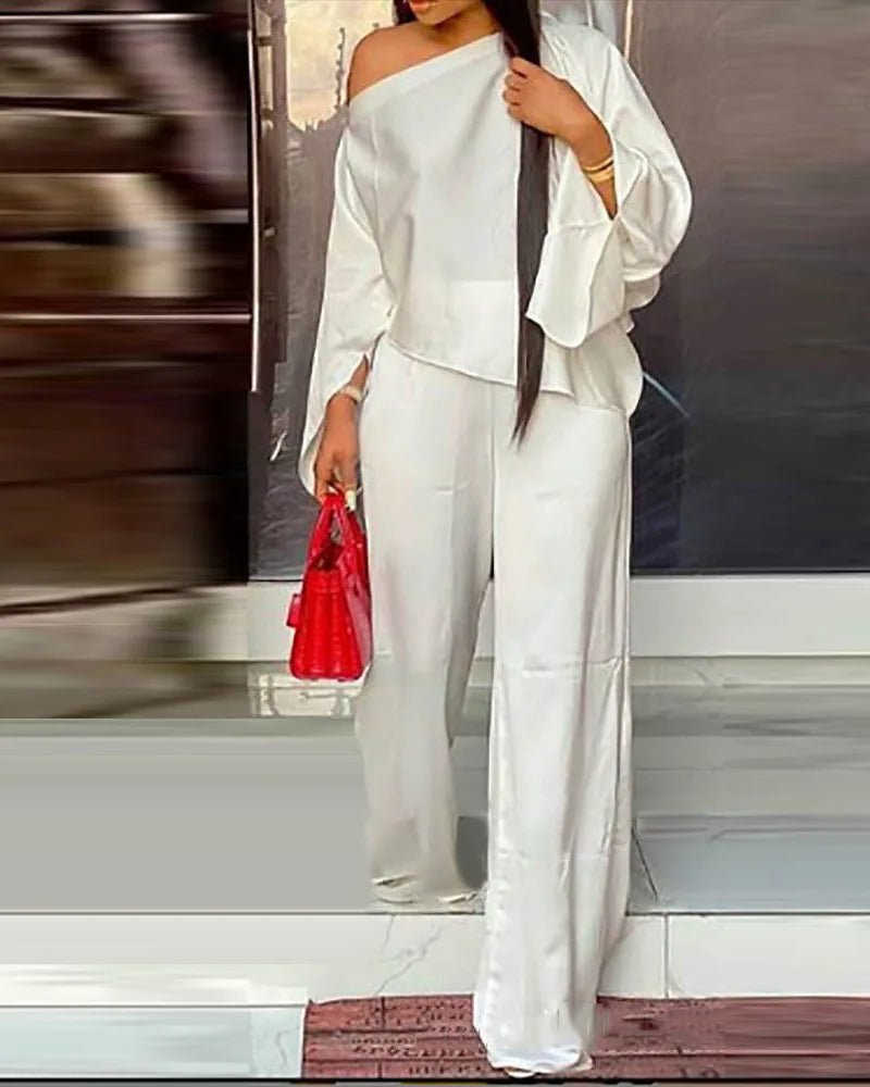 Ensemble Deux Pièces Élégant pour Femme, Couleur Unie, Manches Évasées, Sexy, Blouse, Haut + Pantalon à Jambes Larges, Costumes à la Mode, Automne