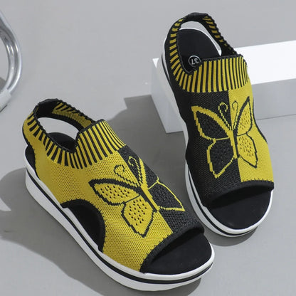 2024 été nouvelles femmes sandales bout rond plate-forme semelle maille unique femmes chaussures décontracté mode bleu papillon grande taille sandales