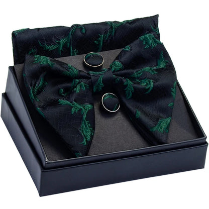 GUSLESON-Ensemble de boutons de manchette carrés à motif décoratif pour hommes, nœud papillon blanc noir, poche, boîte cadeau, cravate de la présidence de mariage