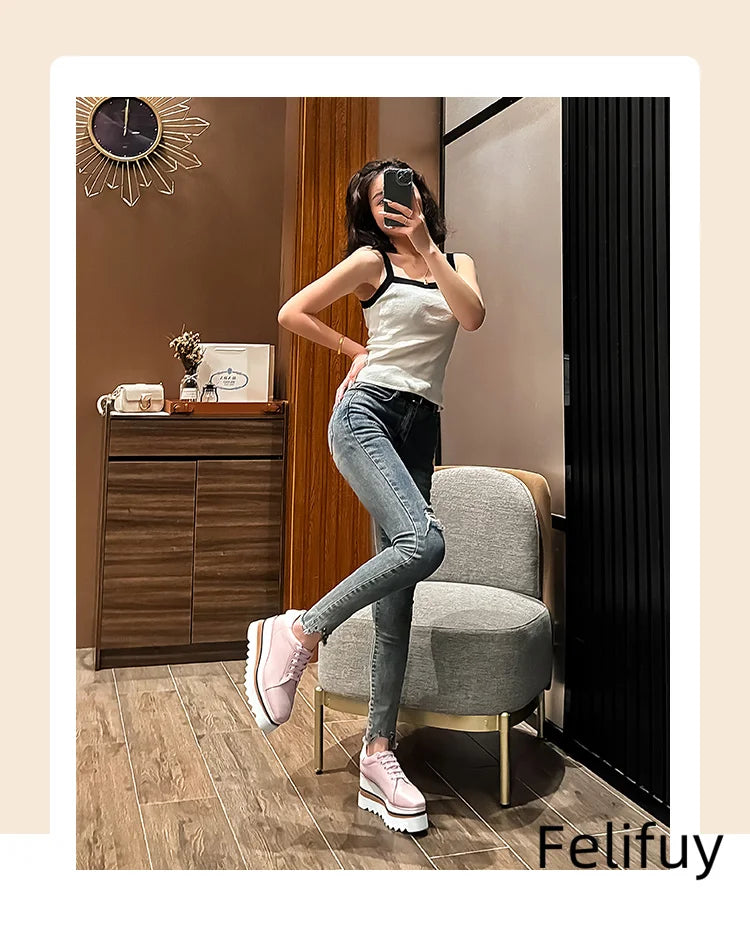 Baskets Blanches en Cuir de Vache pour Femme, Chaussures à Semelle Optique, Décontractées, à Lacets, Confortables, d'Extérieur, de Styliste, Printemps 2024