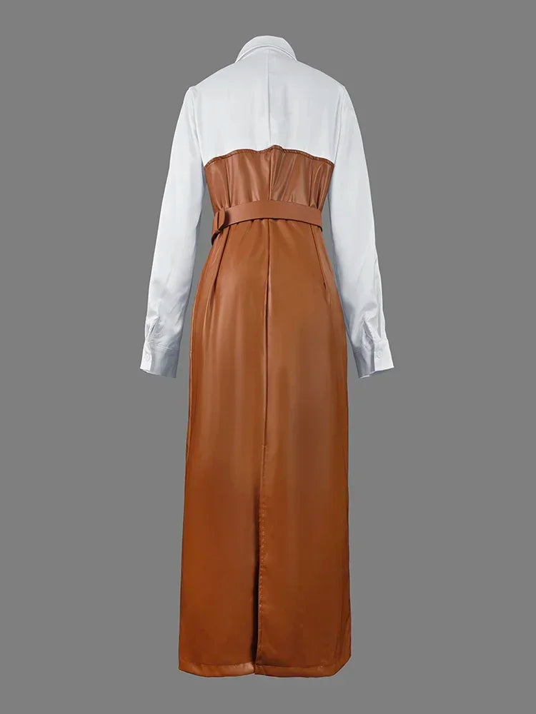 Robe mi-longue à manches longues pour femmes avec boutons, jupe chemise en PU, poche patchwork, ceinture maigre, revers, femme, automne, nouveau, 2025