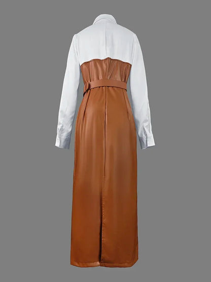 Robe mi-longue à manches longues pour femmes avec boutons, jupe chemise en PU, poche patchwork, ceinture maigre, revers, femme, automne, nouveau, 2025
