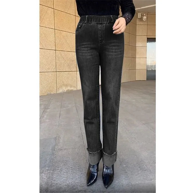 Jean femme d'âge moyen printemps automne taille extensible pantalon en Denim droit grande taille ample taille haute décontractée noir bleu pantalon