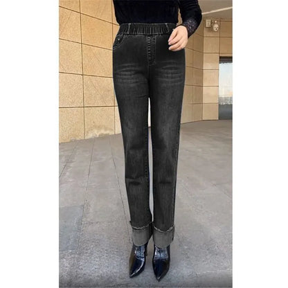 Jean femme d'âge moyen printemps automne taille extensible pantalon en Denim droit grande taille ample taille haute décontractée noir bleu pantalon