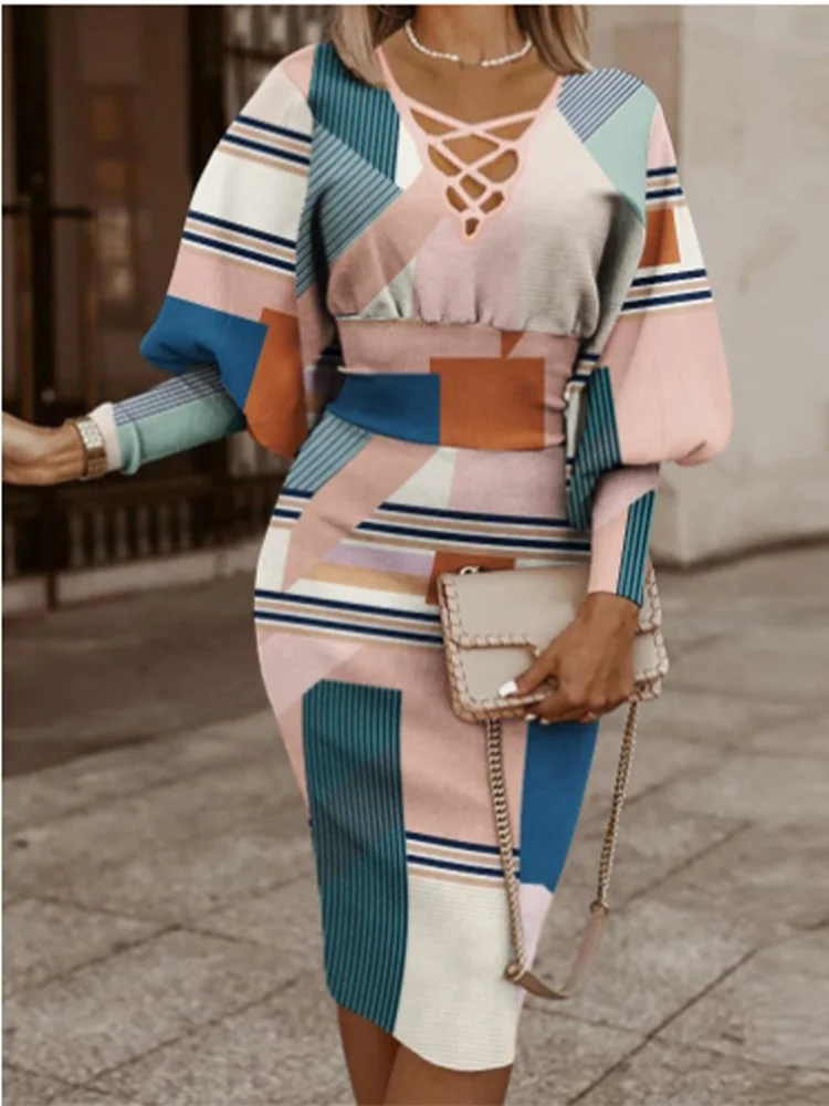 Robe taille haute à imprimé géométrique pour femme, col en V cintré, manches longues, documents bloqués, robe de bureau élégante pour femme, automne