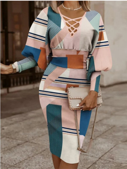 Robe taille haute à imprimé géométrique pour femme, col en V cintré, manches longues, documents bloqués, robe de bureau élégante pour femme, automne