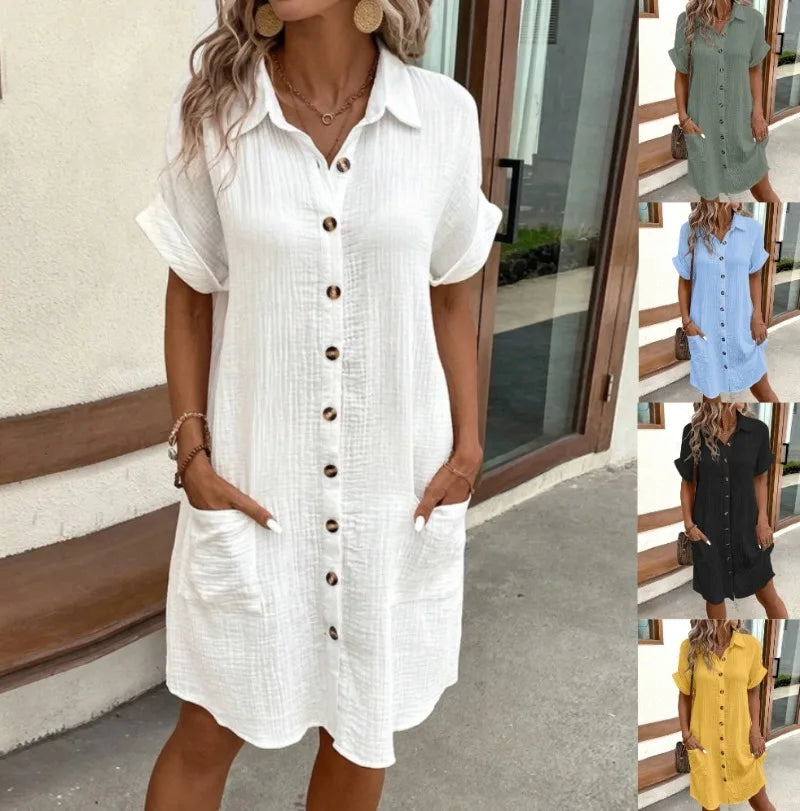 Robe boutonnée à col en V minimaliste pour femmes, coton, lin, blanc, manches courtes, poche, décontracté, chemise, été, mode