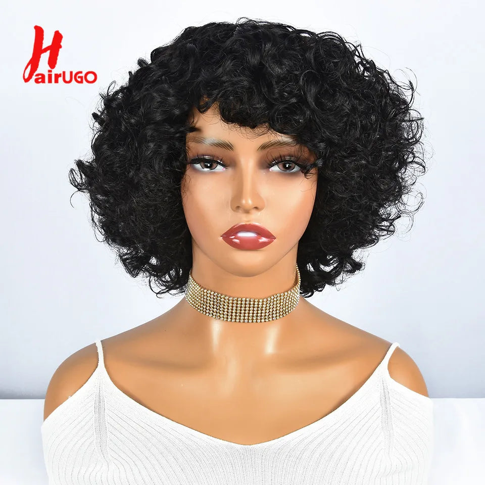 Hairugo-Perruque de Cheveux Humains Bouclés Coupe Pixie à Reflets, Sans Colle, avec Frange Entièrement Fabriquée à la Machine