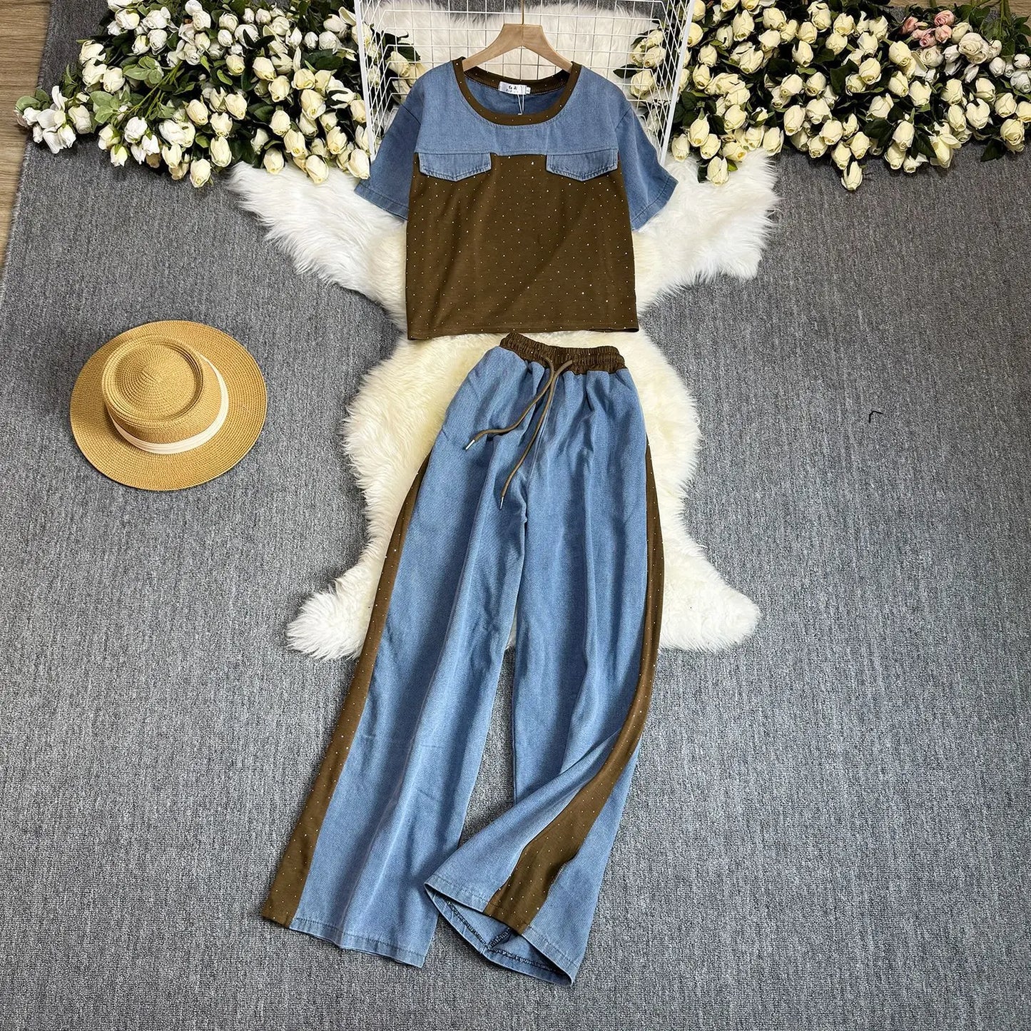 Ensemble deux pièces en Denim pour femmes, ensemble pantalon assorti, Streetwear Y2k, décontracté, perçage à chaud, hauts, jambes larges, pantalons longs, taille haute, 2025