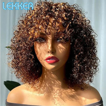 Lekker couleur courte Pixie Afro crépus bouclés Bob 100% perruques de cheveux humains avec frange pour les femmes brésilien Remy cheveux Ombre brun perruques