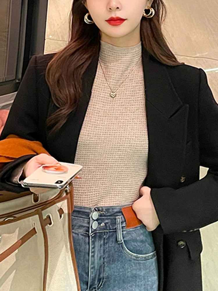 Pull Vintage à Col Roulé pour Femme, Vêtement à Motif Gaufré, Solide, Décontracté, Slim, Automne Hiver