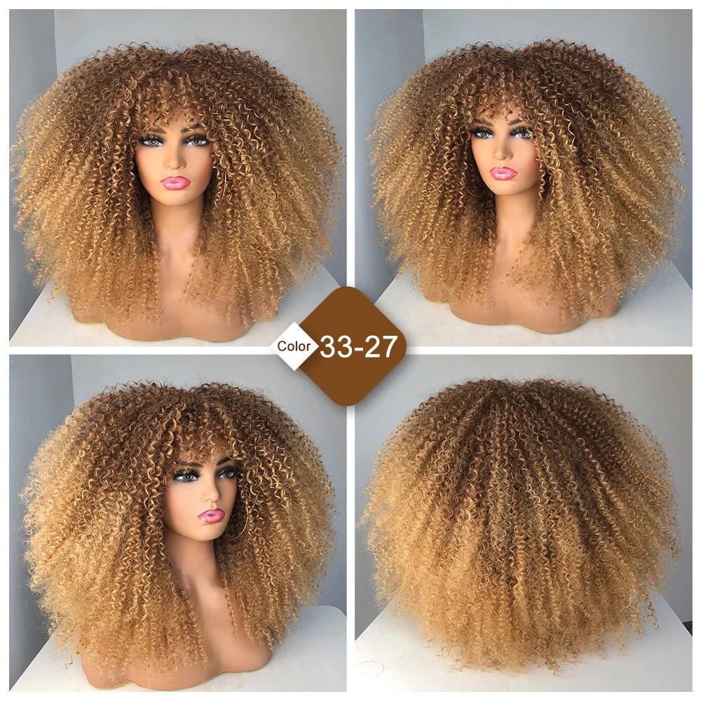 Perruque bouclée avec frange, perruque Afro bouclée pour femmes noires, perruque longue et moelleuse en Fiber synthétique pour fête quotidienne, Cosplay