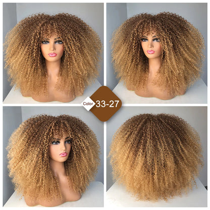 Perruque bouclée avec frange, perruque Afro bouclée pour femmes noires, perruque longue et moelleuse en Fiber synthétique pour fête quotidienne, Cosplay
