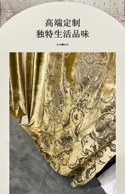 Rideaux occultants de luxe en feuille de velours de soie, estampage doré, pour salon, chambre à coucher, salle à manger, Nature, taille verticale personnalisée, Tulle blanc
