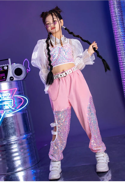 K-PoP-Ensemble de olympiques de danse jazz pour enfants, vêtements à paillettes, défilé de mode pour filles, tenues pour enfants, hip hop, hip hop
