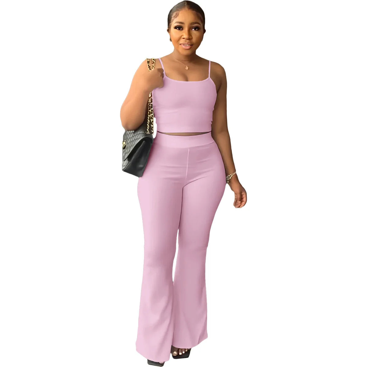 Haut court à bretelles spaghetti et pantalon évasé adt pour femmes, olympiques décontractés, ensemble deux pièces monochromes simples, tenues d'été sexy