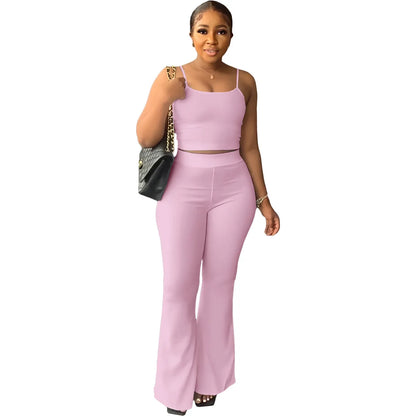 Haut court à bretelles spaghetti et pantalon évasé adt pour femmes, olympiques décontractés, ensemble deux pièces monochromes simples, tenues d'été sexy