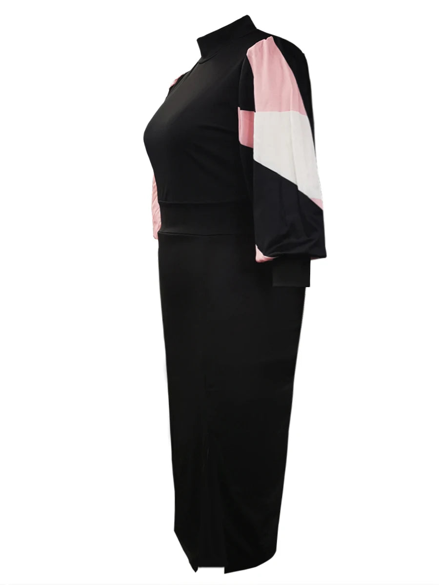 LW-Robe moulante à manches longues pour femmes, imprimé mixte, fente sur le devant, col montant, fête, soirée, mode