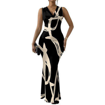 Robes d'invitées de mariage d'été pour femmes sirène élégante motif de rayures artistiques robe Maxi col en V sans manches robe de bal de soirée