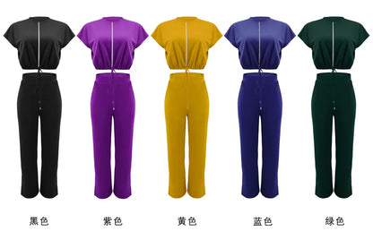 Femmes décontracté col rond cordon à manches courtes haut et taille haute pantalon ensemble été solide deux pièces costume ensembles tenues ensemble femme