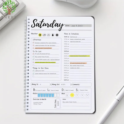 Carnet de notes hebdomadaire non daté de 7 jours avec calendrier horaire, plan de repas, traqueur de dépenses et traqueur d'admission d'eau