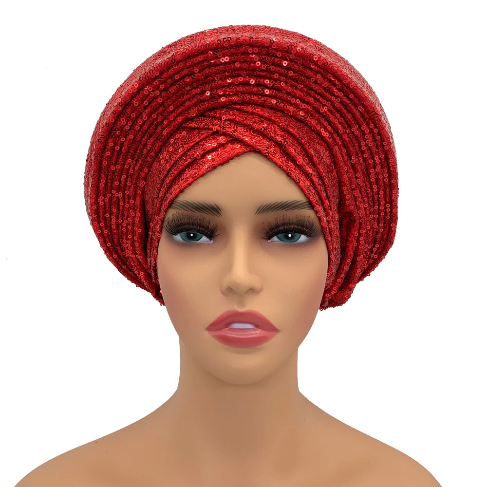Paillettes Autogele Turban casquette pour femmes prêt africain Auto Gele casque Nigeria mariage Geles femme bandeau dame casque