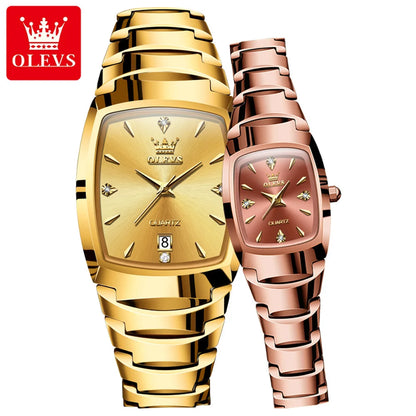 OLEVS-Montre de couple en acier au tungstène Tonneau pour hommes et femmes, marque de luxe, montre à quartz pour amoureux, montre-bracelet étanche, 7006