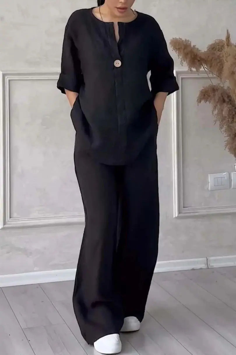 Ensemble deux pièces en coton et lin pour femmes, confortable, ample, haut, pantalon à jambes larges, décontracté, à la mode, costumes, tenues de printemps et d'été