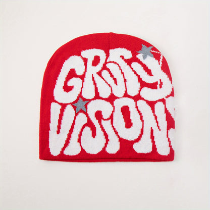 1pc Men's Funky "GRU VISION" Spider Web Knit Beanie - 100% Acrylic, Trendy Letter & Star Design in Multiple Colors, Soft & Stretchy Fabric for Casual Attire