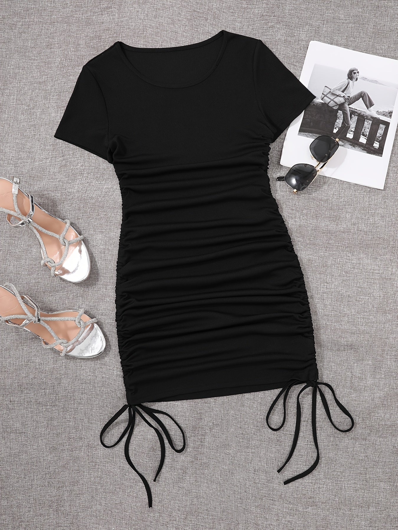 Womens Ruched Skinny Dress - Adjustable Drawstring Waist, Solid Color, Short Sleeve, Crew Neck, Chic and Versatile Casual Wear for Women