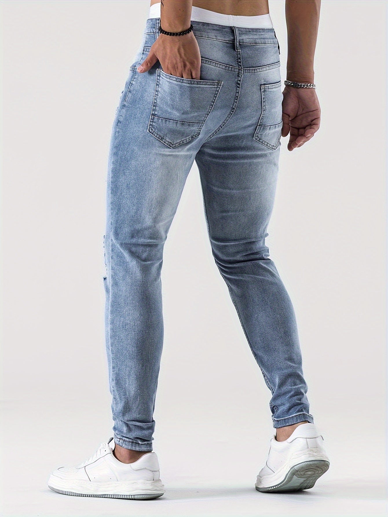 Slim Fit Ripped Jeans, Men's Casual Street Style Distressed Medium Stretch Denim Pants