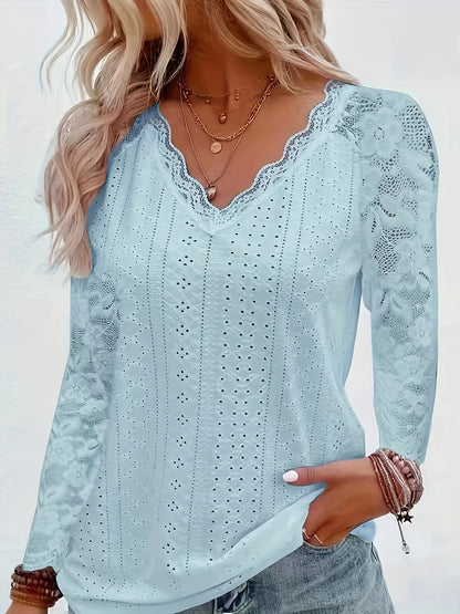 Chic Contrast Lace V-neck Eyelet T-Shirt - Fashionable Long Sleeves for Spring & Fall - A Stylish Womens Wardrobe Essential