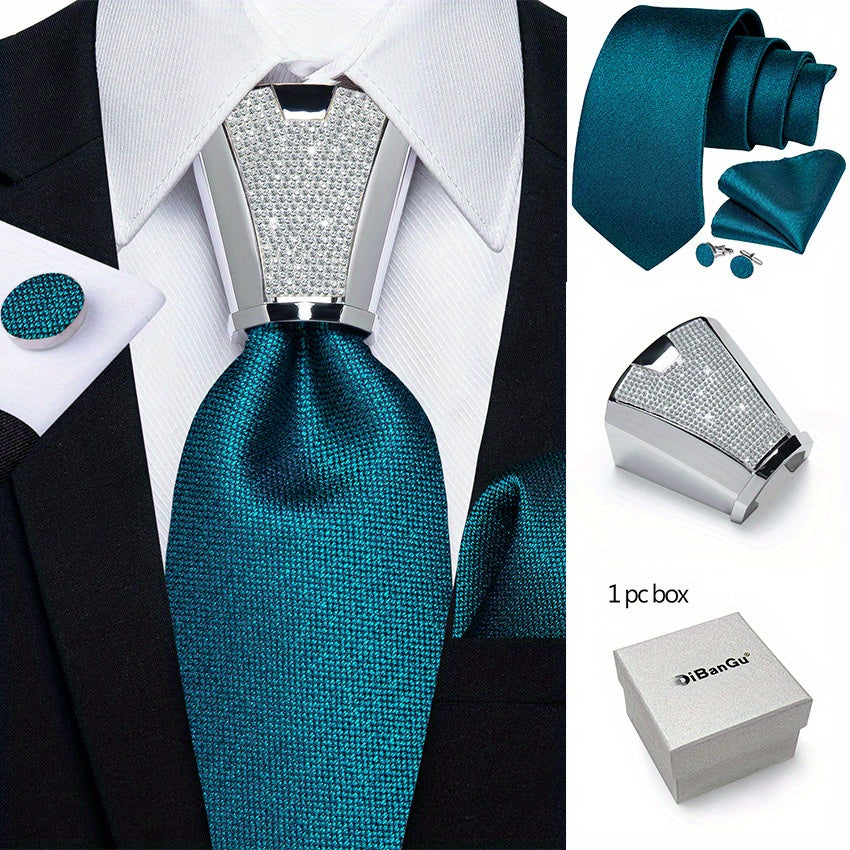 [For Business Silvery Necktie Set] Men's Necktie Silvery Ring & Handkerchief & Cufflinks Set For Business Accessories With Gift Box