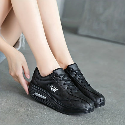 Women's Faux Leather Air Cushion Sneakers, Comfortable Thick Bottom Sport Shoes