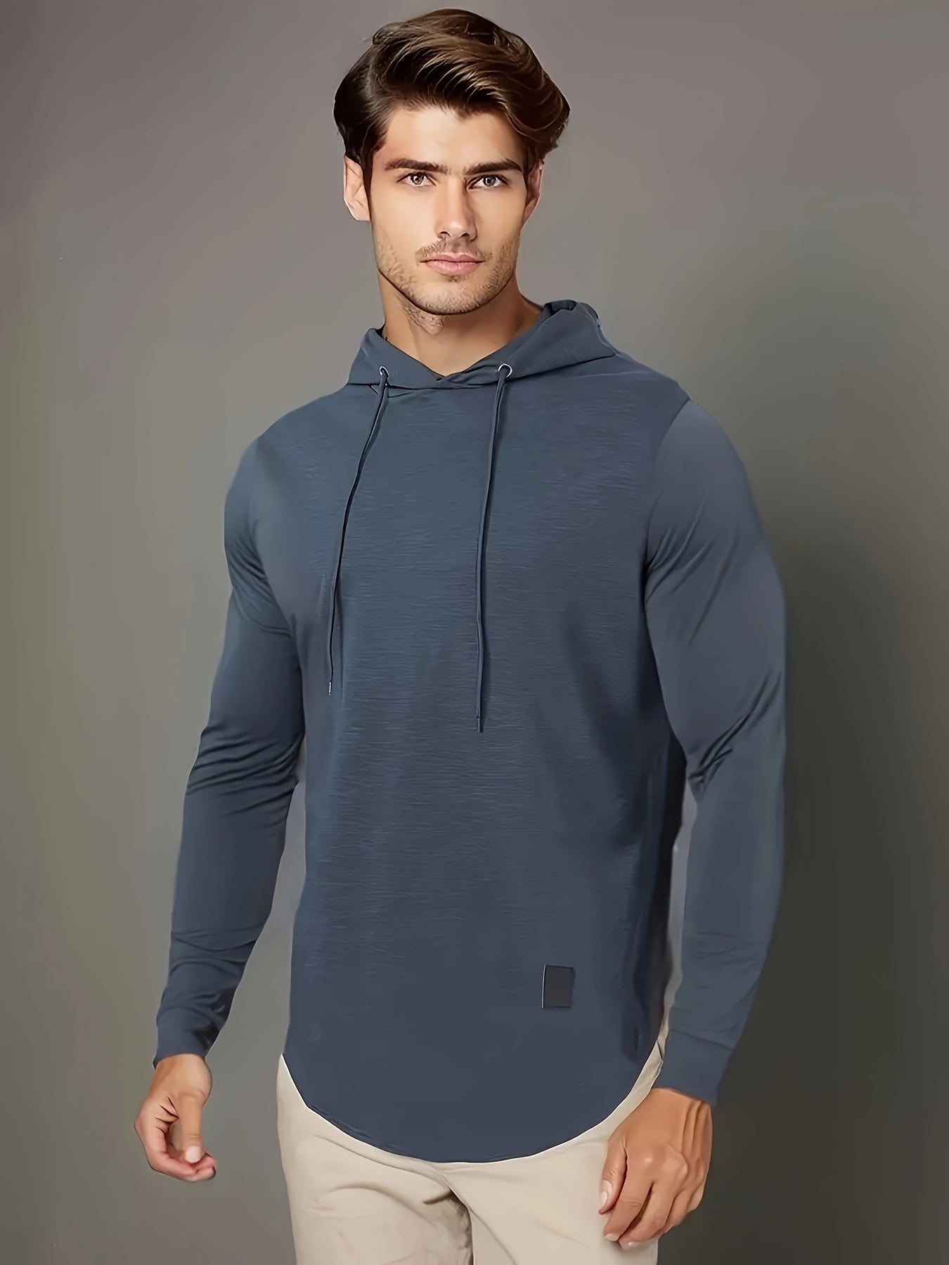 [1pc Long Sleeve Casual Hoodie] 1pc Men'S Casual Fashion Hoodie - Long Sleeve, Solid Color, Regular Fit, Knit Polyester, Micro-Elastic, Regular Length, Crew Neck Pullover