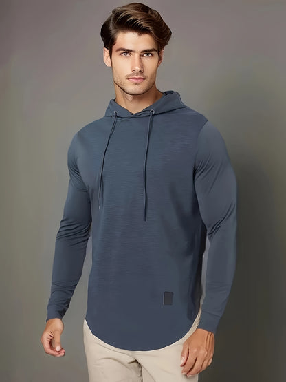 [1pc Long Sleeve Casual Hoodie] 1pc Men'S Casual Fashion Hoodie - Long Sleeve, Solid Color, Regular Fit, Knit Polyester, Micro-Elastic, Regular Length, Crew Neck Pullover