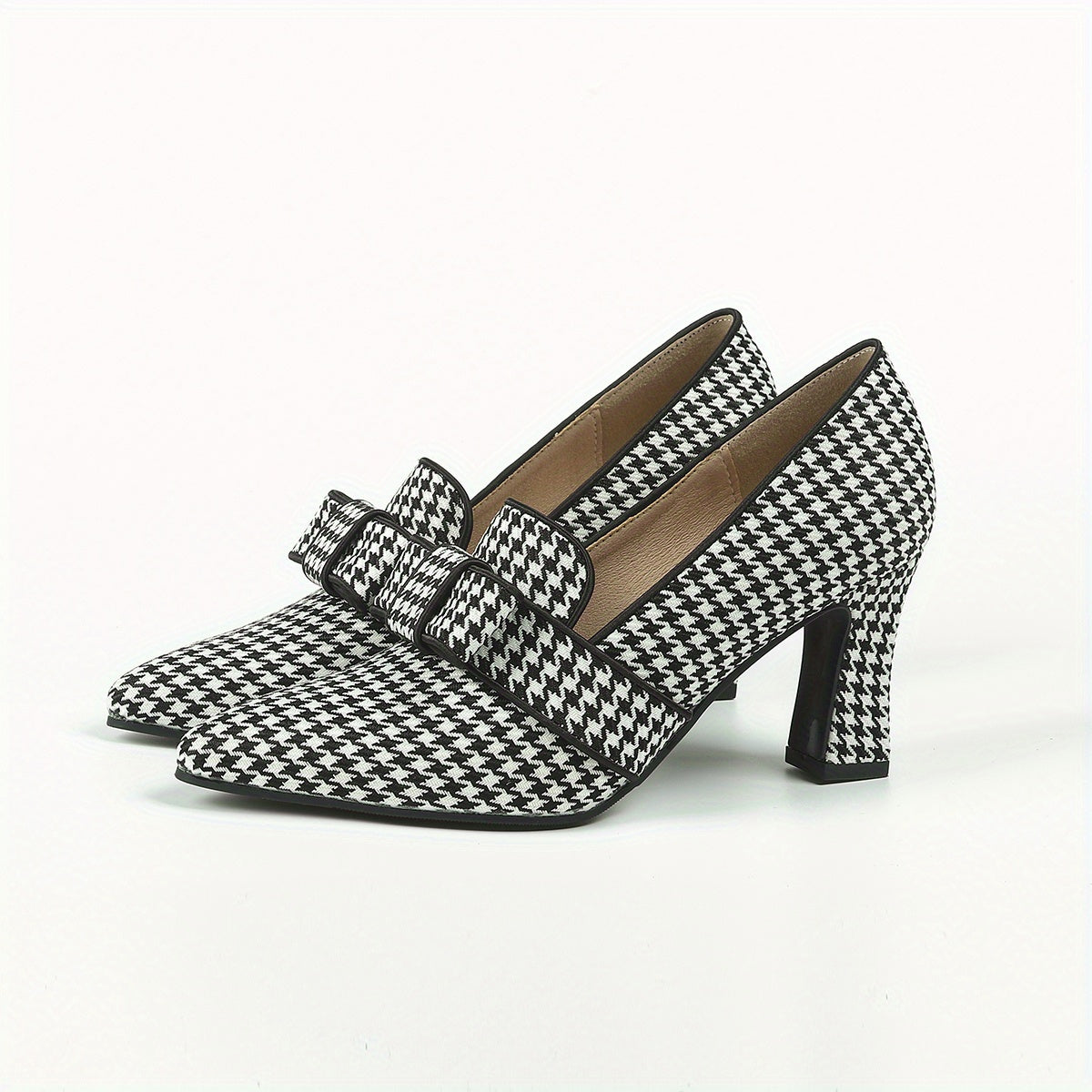 Women's High Heel Single Shoes with Deep Mouth Houndstooth Pattern