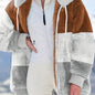 Plus Size Colorblock Fuzzy Hoodie Drawstring Zip Up Coat, Women's Plus Pocket Casual Overcoat