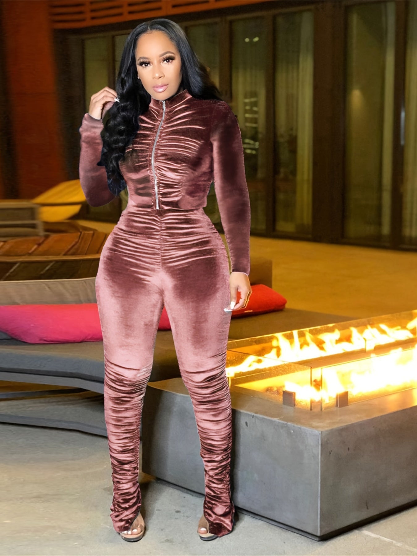 Two-Piece Long Sleeve Crop Top & High Waist Ruched Ruffle Pants Set - Soft Polyester Knit Fabric, Mid Elasticity, Placket Closure, Solid Color - Casual Wear for Women