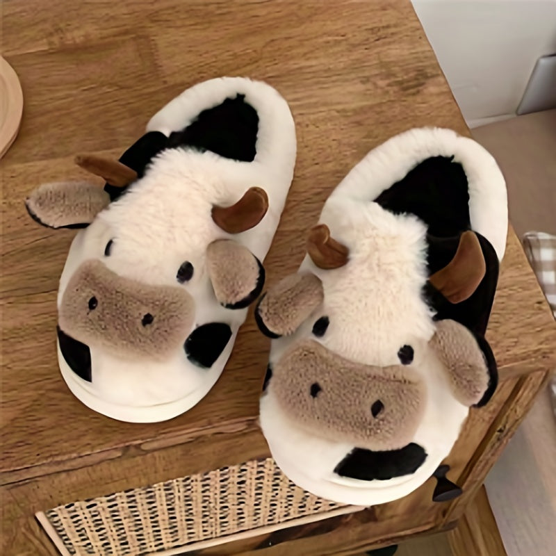 Cozy Cartoon Cow Slippers - Plush Lined Slip-Ons for Winter Warmth and Comfort