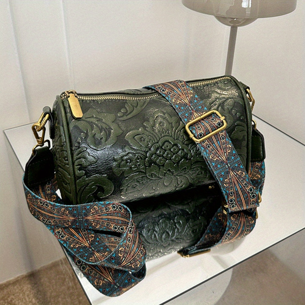 Boho-Chic Floral Embossed Crossbody & Shoulder Bag for Women | Elegant Retro Charm with Secure Zipper Closure, Perfect for Every Occasion