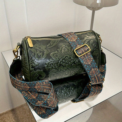 Boho-Chic Floral Embossed Crossbody & Shoulder Bag for Women | Elegant Retro Charm with Secure Zipper Closure, Perfect for Every Occasion