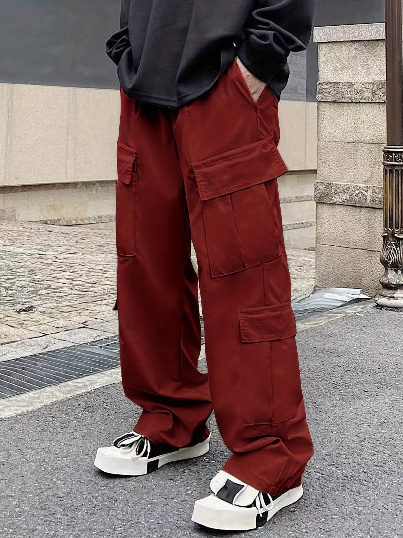Men's Loose Casual Outdoor Cargo Pants - Multi Flap Pocket Trousers - Trendy Solid Work Pants for Streetwear Hip Hop Style