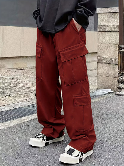 Men's Loose Casual Outdoor Cargo Pants - Multi Flap Pocket Trousers - Trendy Solid Work Pants for Streetwear Hip Hop Style